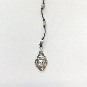 Buddha Necklace~ white brass Buddha pendant w/ beaded waxed cord lariat necklace